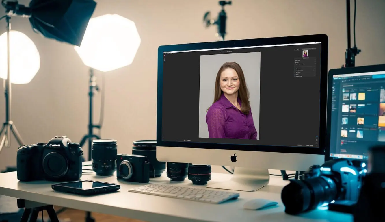 Using ON1 Resize AI to enlarge a female portrait on an iMac screen