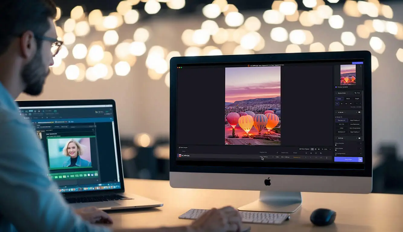 Photographer enlarging photo using AI Gigapixel by Topaz on iMac.