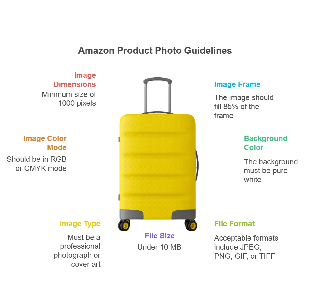 Illustration of Amazon product photo requirements featuring a yellow suitcase with tips for image dimensions, frame, color mode, file size, type, format, and background color.