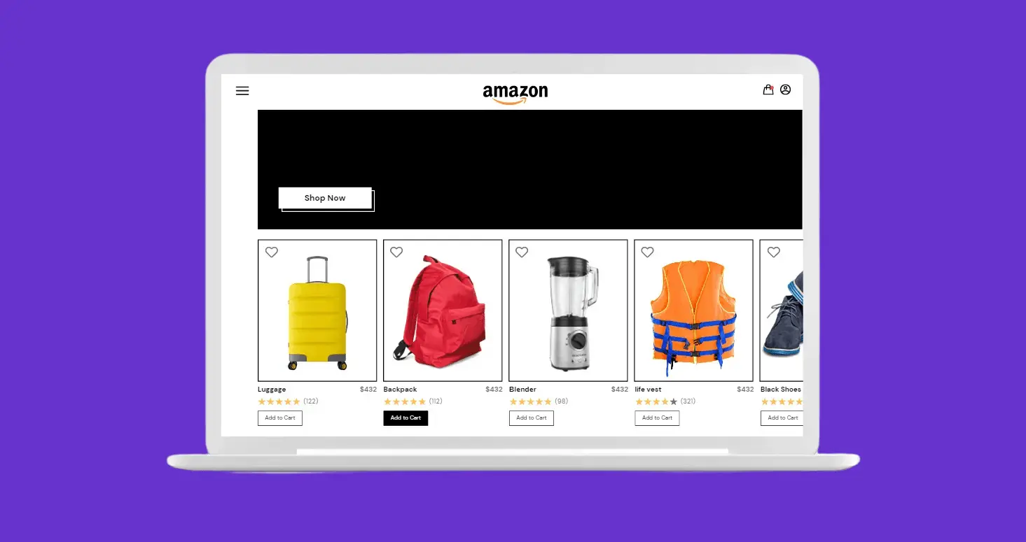 A laptop screen displaying an Amazon-style product grid with items such as luggage, backpacks, blenders, life vests, and shoes, showcasing an online shopping experience.