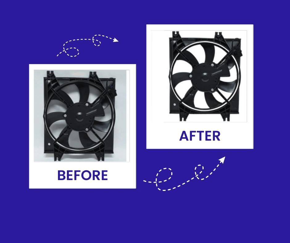 Before and after demonstration of a clipping path service on a fan, showing the isolated object against a new background.