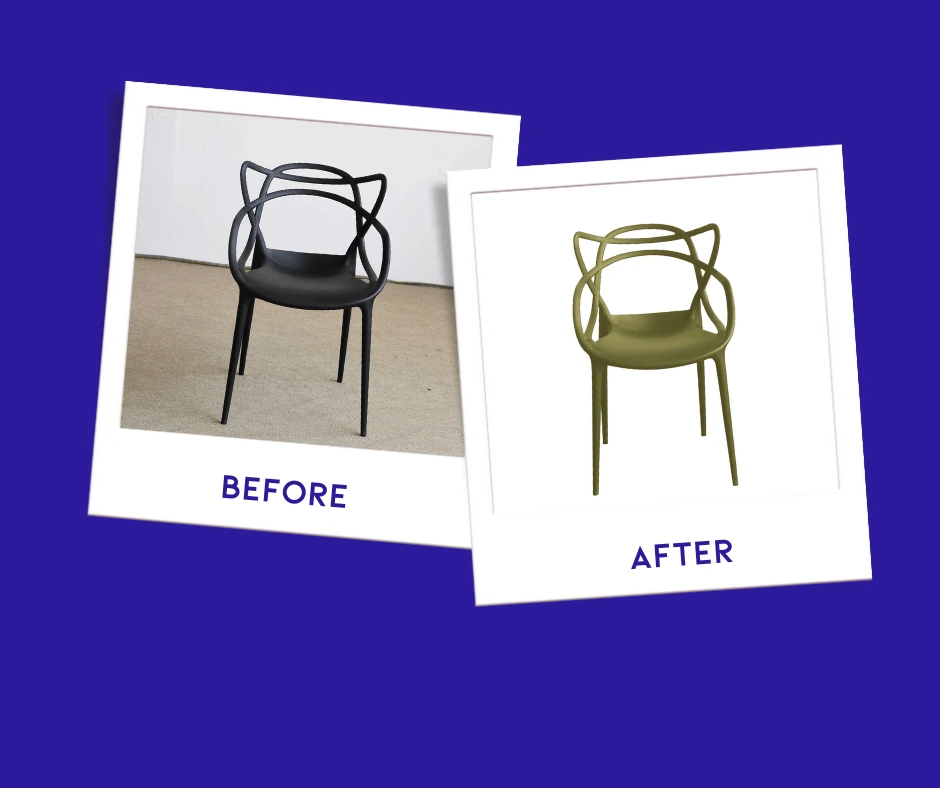 Before and after images of a chair, demonstrating the color change service from black to green.