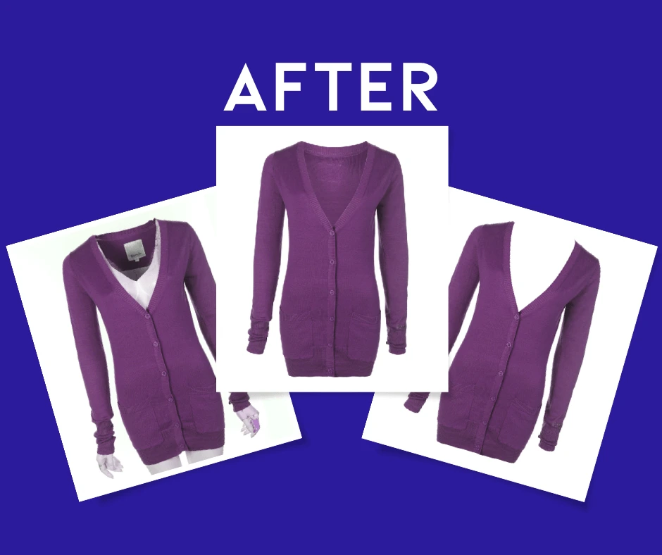 Multiple views of a purple cardigan displayed using the ghost mannequin technique for a clean and professional look.