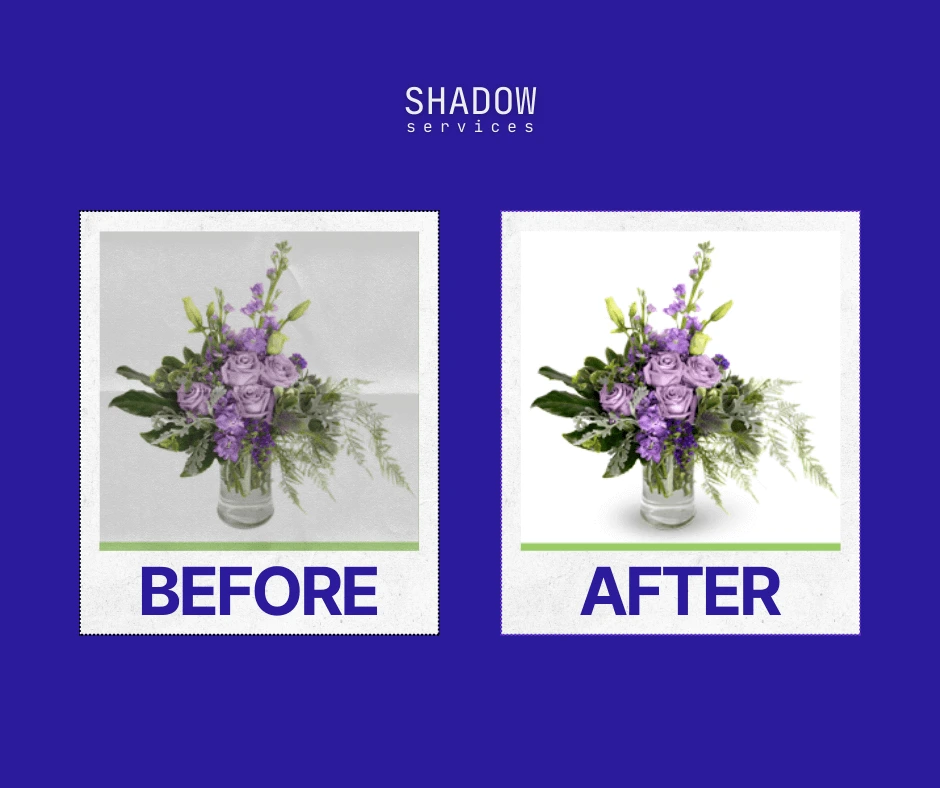 Comparison of floral arrangement images before and after applying shadow services, showcasing a more dynamic and realistic presentation.