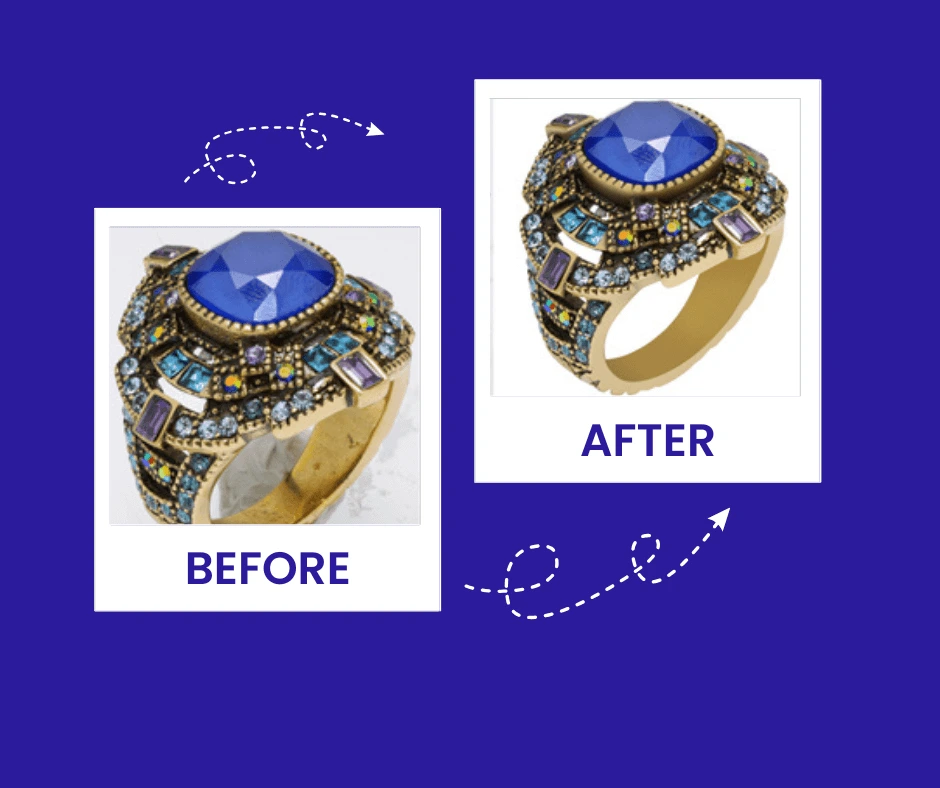 Before and after example of a photo retouching service on a jewel-encrusted ring, showcasing enhanced vibrancy and background removal.