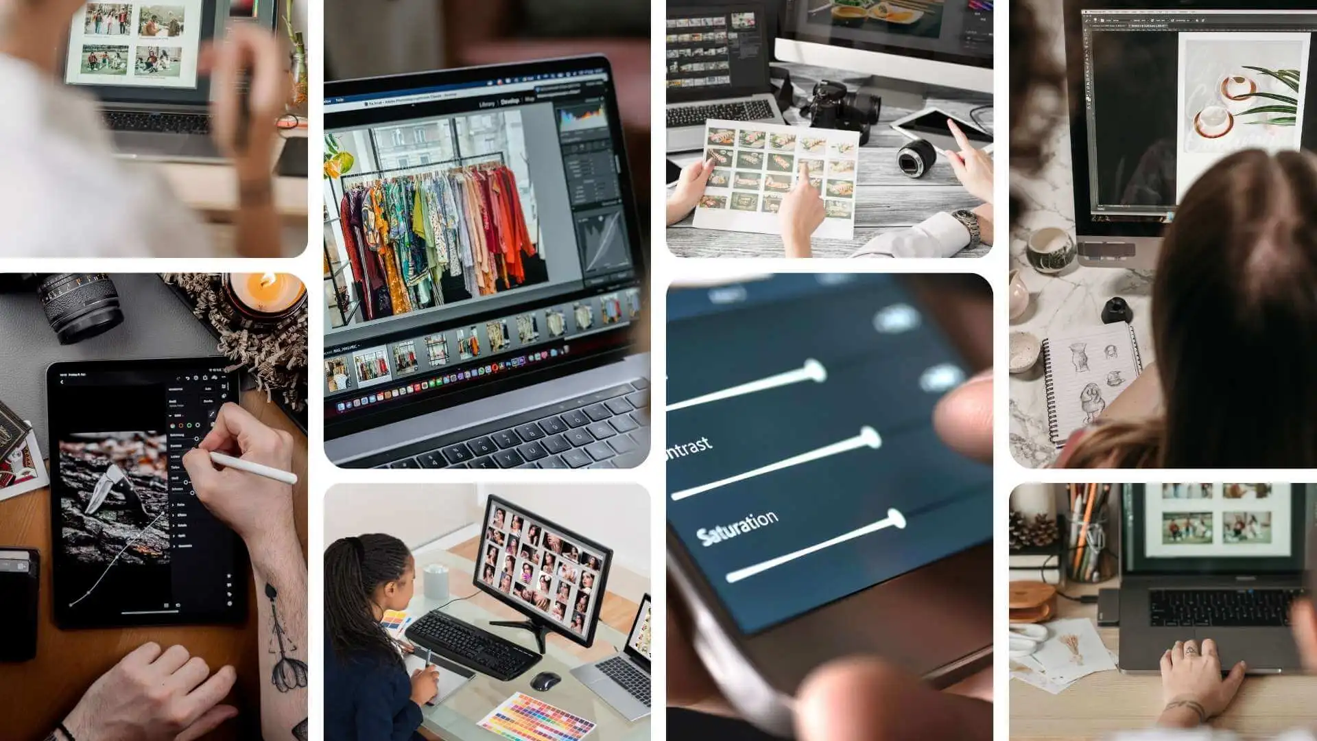 Collage of photo editing processes, including editing on laptops, tablets, and smartphones, showcasing tools like color grading, saturation adjustment, and image organization.