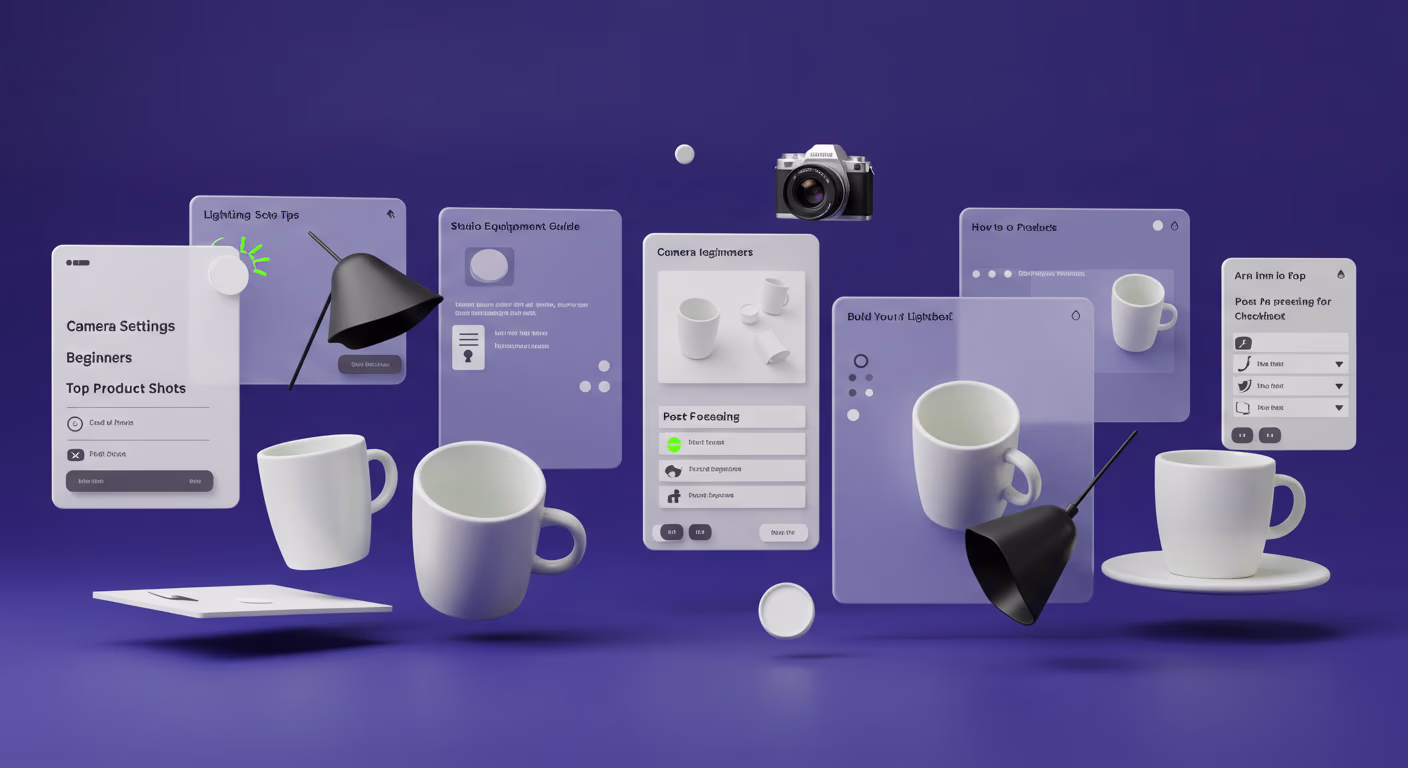 Digital concept of product photos and marketing tools with floating coffee mugs and UI elements on blue background