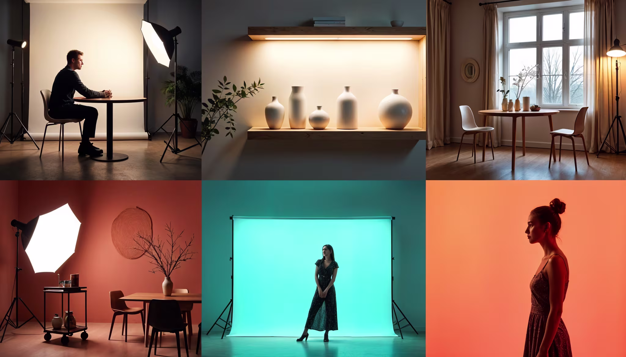 Collage showing various types of product photography setups including studio lighting and model portraits