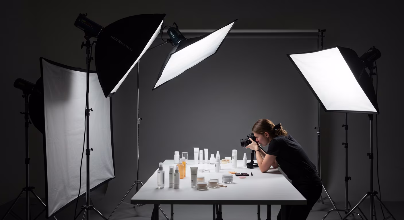 Photographer shooting skincare products in professional studio with softbox lighting setup