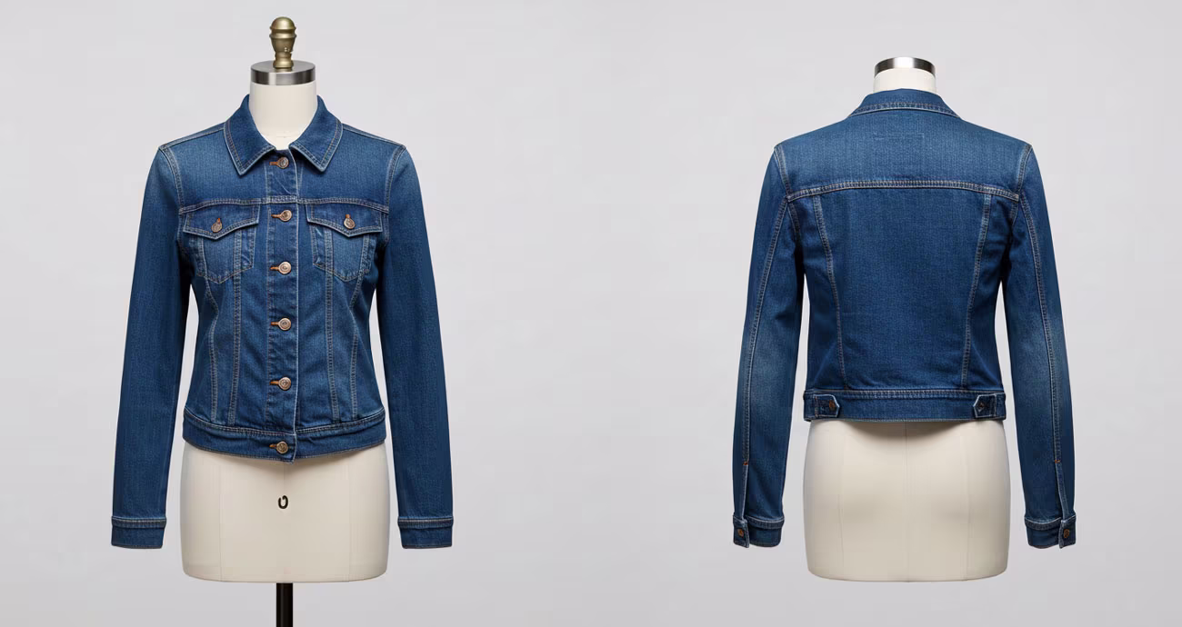 Front and back view of a blue denim jacket displayed on a dress form mannequin