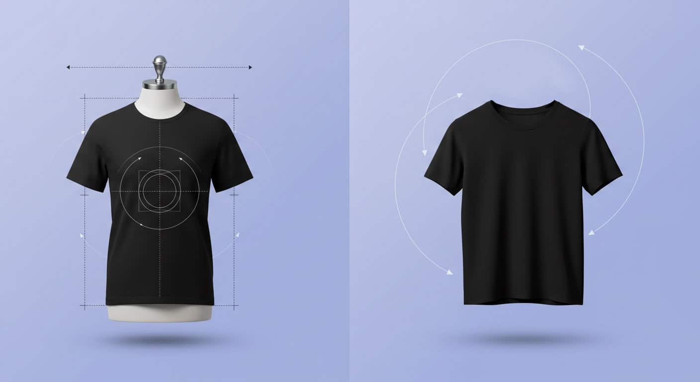 Black t-shirt displayed symmetrically on a mannequin next to the same t-shirt floating freely against a light purple background, illustrating before-and-after apparel photography setup.
