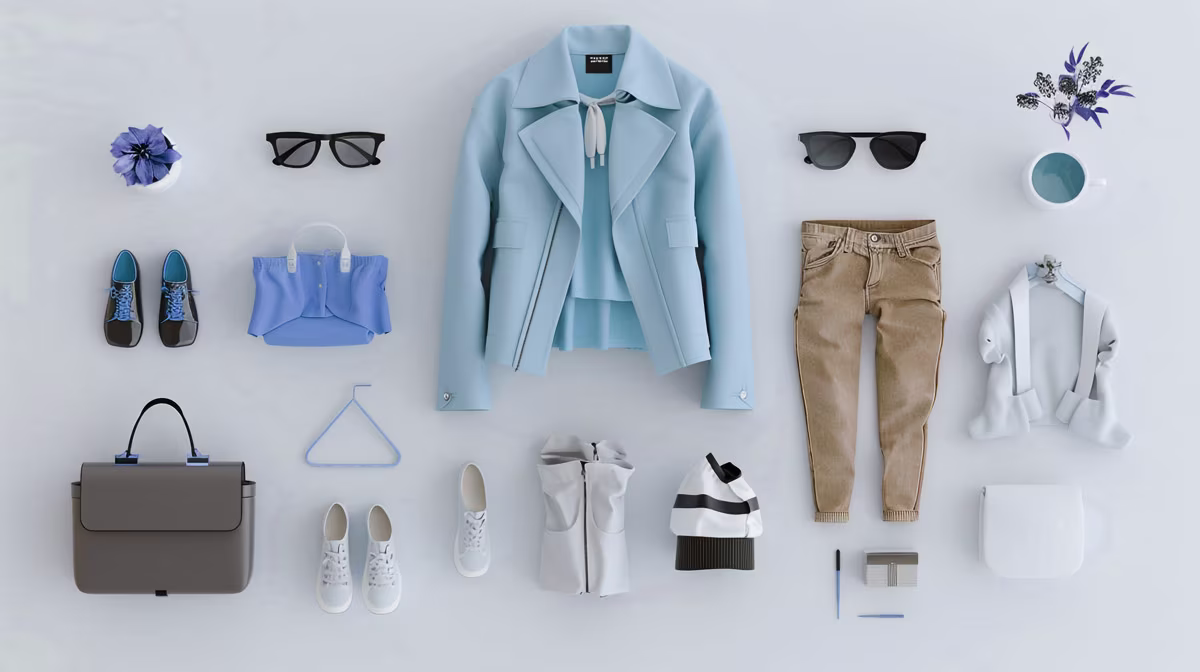 Symmetrical flat lay of blue jacket, beige pants, fashion accessories, and shoes on a white background