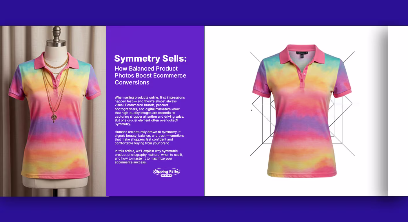 Split-screen banner showing two polo shirt product photos — one styled on a mannequin and the other perfectly symmetrical on a white background with geometric grid lines, highlighting the value of symmetry in ecommerce.