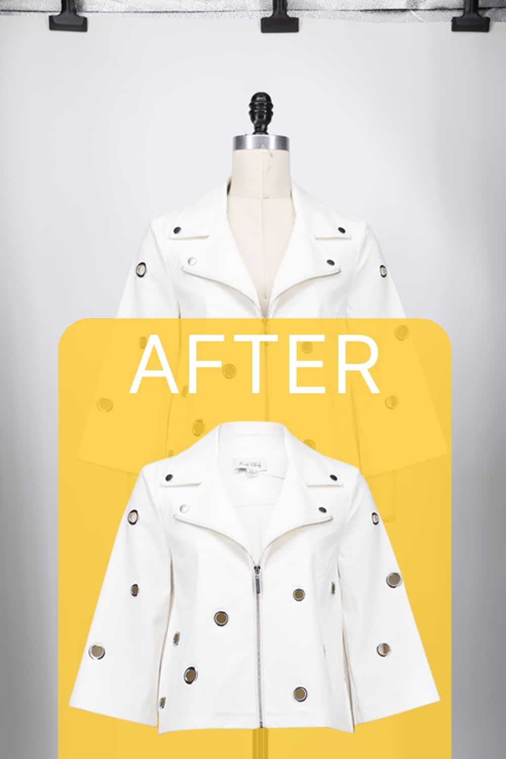 White studded jacket edited with ghost mannequin effect – before and after comparison.